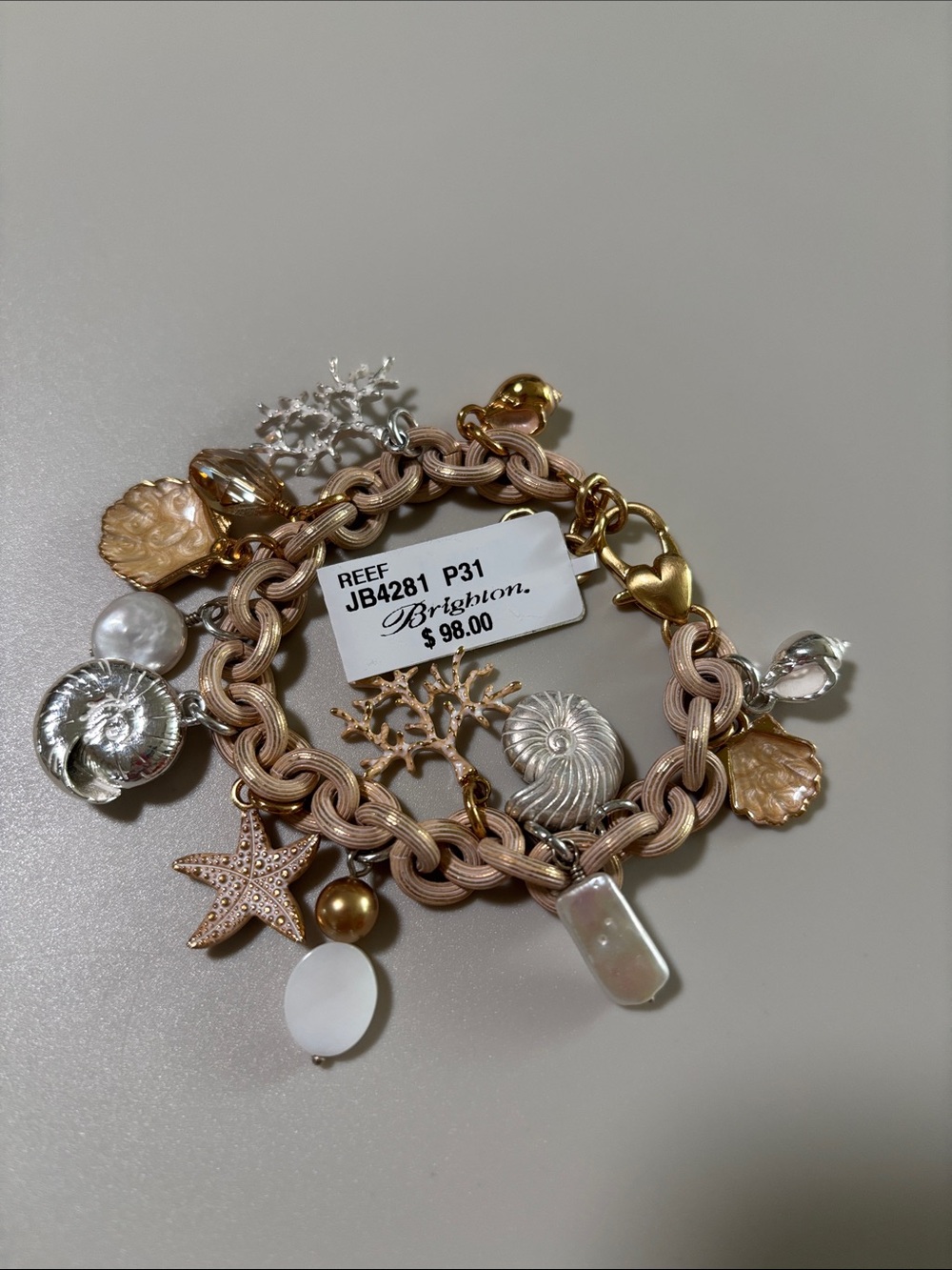 Brighton Two-Tone Reef Charm Bracelet with Blush and Metallic Charms NWT